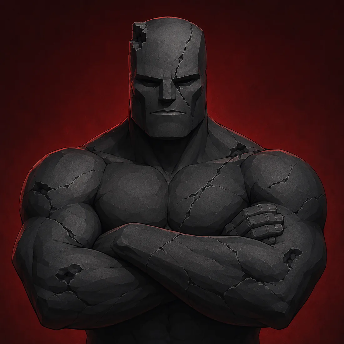 Portrait of The Walker: a basalt figure with a fractured skull, a diagonal facial crack and narrow eye slits.